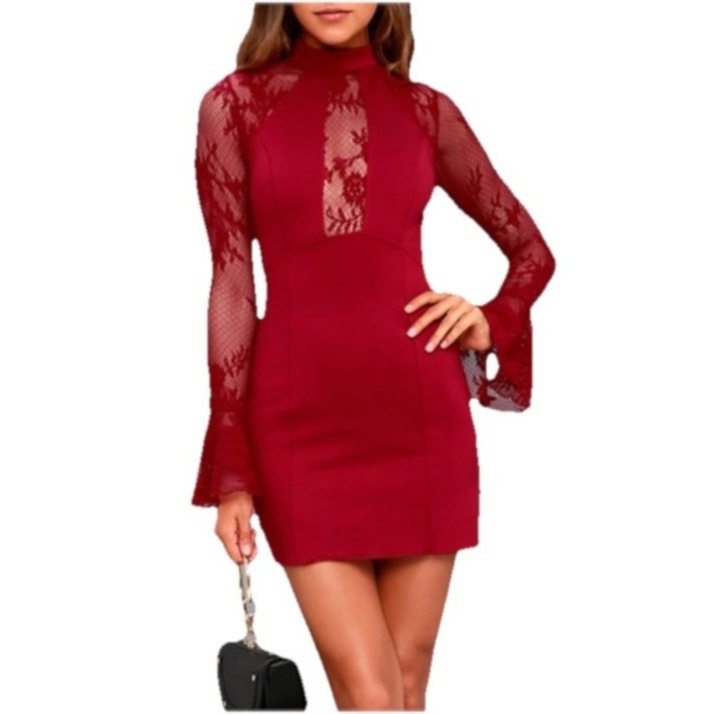 Free People Floral Lace Bodycon Mini Dress Sz XS Red Bell Sleeves Holiday Party